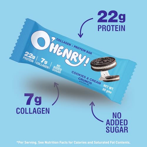 O Henry Collagen + Protein Bar - Cookies & Cream Crunch, No Added Sugar, 22g Protein, Pack of 12 (60g Each)