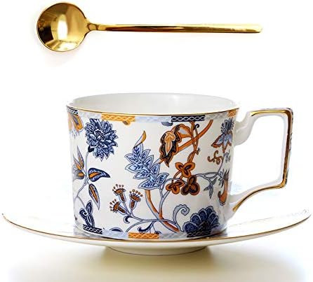 English Style Bone China Cup and Saucer Set with Spoon, X Ounces for Coffee, Tea. 8oz