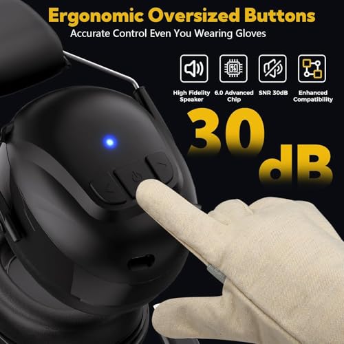 Kalence Bluetooth 6.0 Hearing Protection with 120H Working Time, 30dB Safety Earmuffs, Rechargeable Ear Protection Headphones with Mic for Mowing, Workshops, Construction, Snowblowing, Black