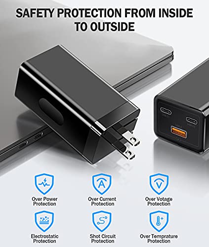 65W USB C Charger, 3-Port GaN Charger PD3.0 PPS QC Fast Charge Plug UK Wall Power Adapter For Macbook IPad Pro/Air IPhone 15/14/13 Samsung S23/S22 Pixel 8 Laptop Dell XPS Switch, With
