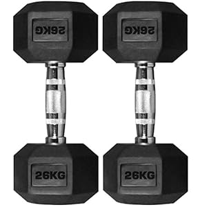 TnP® 2 x 26KG Hex Dumbbells Rubber Encased Solid Weights Sets Hexagonal Hexa Dumbbell Set Gym