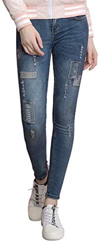 Women's Stylish Distressed Slim Jeans Patched Broken Knee Jean Stretchable Pants