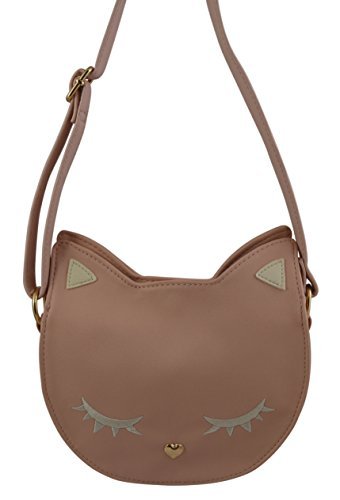 Vegan Leather Clutch Cross Body Handbag Purse with Cat, Fox or Panda Face Design (Blush Cat)