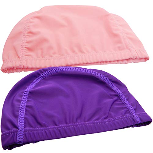 Qualtiy Yes QY 2Pack Superior Polyester Cloth Fabric Bathing Cap Swimming Caps Swimming Hats for Water Sports, Purple & Pink Color