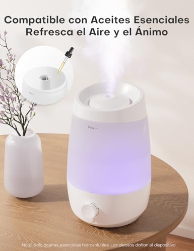 Humidificador, humidificador de óleos essenciais de 2,5L, 250 ml/h, difusor de óleos essenciais de 25H, desligamento automático, 25 dB silencioso para bebés e plantas, branco
