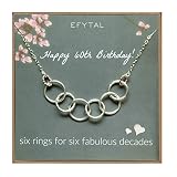 EFYTAL Happy 60th Birthday Gifts for Women Necklace, Sterling Silver 6 Rings six Decades Necklaces Gift Ideas