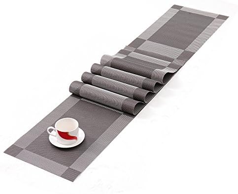 Vinyl Plcemats Heat Insulation Kitchen Dining Washable Table Mats Set of 4 with a Compatible Table Runner (Silver gray)
