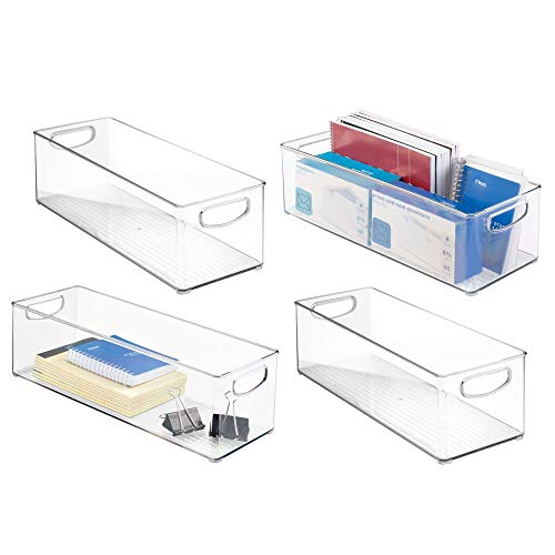 mDesign Large Stackable Plastic Storage Bin Container, Home Office Desk and Drawer Organizer Tote with Handles - Holds Gel Pens, Erasers, Tape, Pens, Pencils, Markers - 16" Long, 4 Pack - Clear