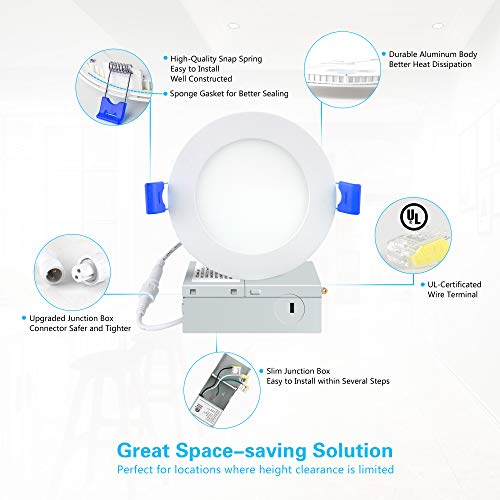 Ensenior 6 Pack 4 Inch Ultra-Thin LED Recessed Ceiling Light with Junction Box, 5000K Daylight, 9W 75W Eqv, Dimmable Can-Killer Downlight, 750LM High Brightness - ETL and Energy Star Certified