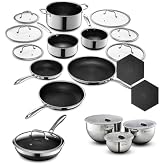 HexClad Hybrid Nonstick 19-Piece Cookware Set, 2, 3, and 8Qt Pots with Lids, 2 Silicone Trivets, 8", 10", and 12" Pans with Lids, 3-Piece Mixing Bowl Set, and 14" Wok with Lid, Stay-Cool Handles