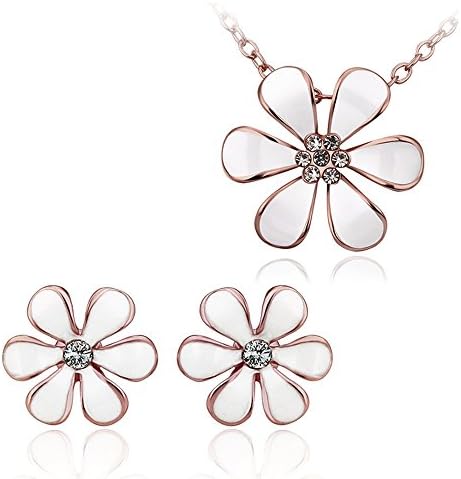 Hitaocity 18k Rose Gold Plated with CZ Crystal White Enamel Daisy Flower Necklace and Earring Sets S366