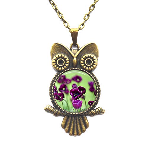 Botewo0lbei Purple Flower Owl Necklace | Flower Jewelry Glass Pendant | Flower Field Owl Necklace | Purple Magenta Owl Necklace | Purple Spring Flower Owl Necklace-MT340 (W2)