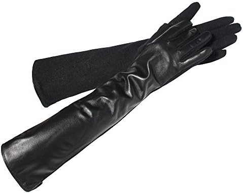 Gours Women Length Long Black Genuine Leather Opera Gloves for Women Lined (Large, Black(wool))