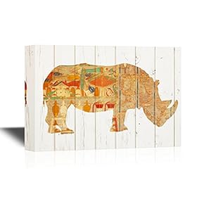 Wild Animal Canvas Wall Art - A Rhino with Colorful Pattern Collage on Wood Style Background - Gallery Wrap Modern Home Art | Ready to Hang - 12x18 inches