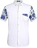 SSLR Men's Short Sleeve Flowered Button Down Shirts (Large, White Blue)