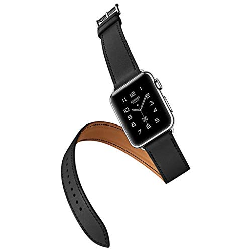 Cywulin Double Tour Band Compatible with Apple Watch 38mm 40mm 42mm 44mm, Genuine Leather Replacement Loop Strap Bracelet for iWatch Series 4 3 2 1 Men Women Stainless Steel Clasp (38mm/40mm, Black)