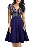 Miusol Women's Elegant Floral Lace V-Neck Contrast Cocktail Party Dress, Navy Blue, Small