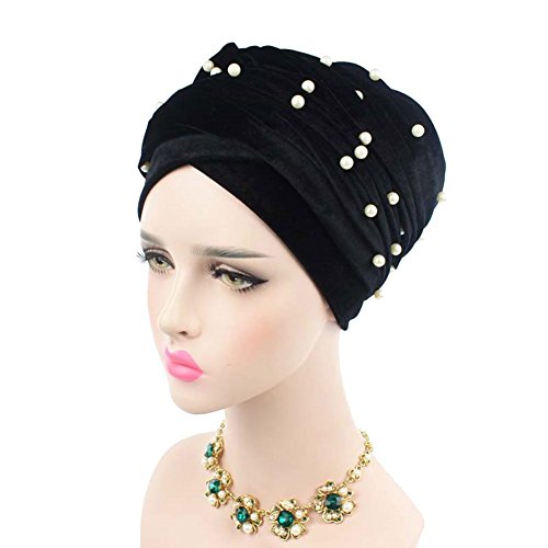 Helisopus Women's Luxury Velvet Turban Headband Pearl Pleated Long Head  Wrap Hijab Tube Scarf - Main Image