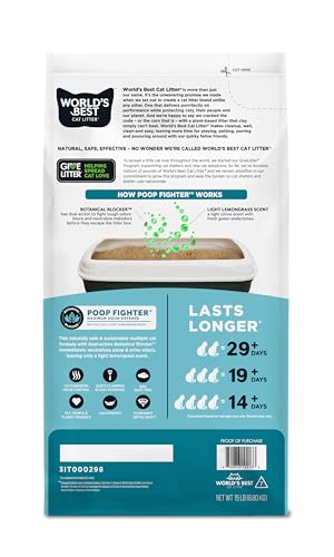WORLD’S BEST CAT LITTER POOP FIGHTER MAXIMUM ODOR DEFENSE, 15-POUNDS – NATURAL INGREDIENTS, QUICK CLUMPING, FLUSHABLE, 99% DUST FREE & MADE IN USA – LONG-LASTING ODOR CONTROL & EASY SCOOPING