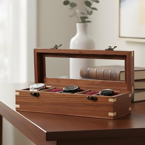 Brainmart Wooden Watch Box for Men & Women, Watch Organizer & Display Case, Premium Long-Lasting Watch Holder for Storage, Elegant Gift for Watch Collectors (Glass Top, 5 Slots)