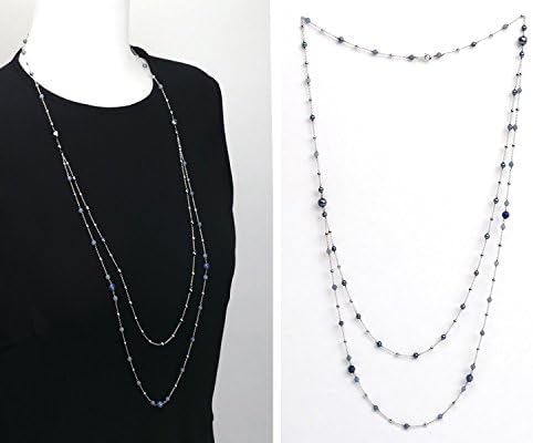 lapislazuli long silver chain necklace,Gemstone silver ball chain 2 line necklace,Rhodium plated 925 sterling silver necklace