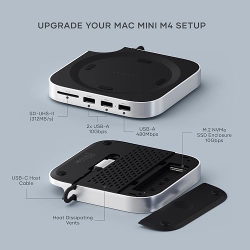 Satechi Mac Mini M4 Hub & Stand with NVMe SSD Enclosure, Dock with 2 USB-A Up to 10Gbps Ports, USB-A Data Port, SD Card Reader for Mac Mini M4, M4 Pro, Optimized Self-Cooling - Silver