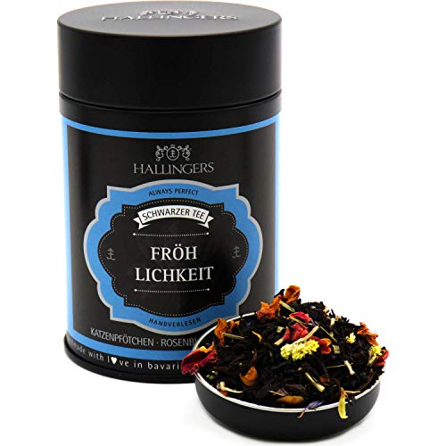Hallingers Fröhlichkeit - Loser Schwarz-Tee mit Katzenpfötchen, Rosenblüte & Waldbeere (Dose) - Geschenkideen Weihnachten & Geschenke Adventskalender | Geburtstag Glückwunsch Genesung Danke Freundscha
