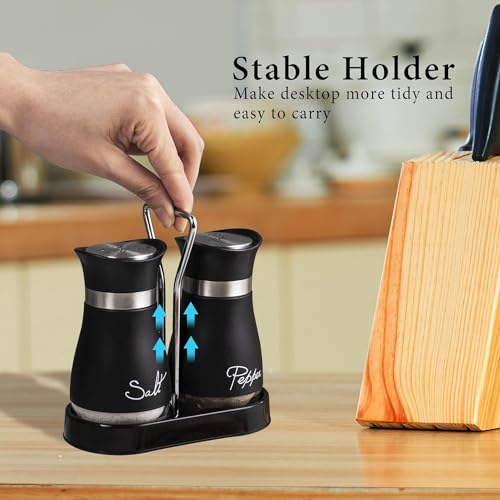 Salt and Pepper Shakers Set,4 oz Glass Bottom Salt Pepper Shaker with Stainless Steel Lid for Kitchen Gadgets Cooking Table, RV, Camp,BBQ Refillable Design (Black)