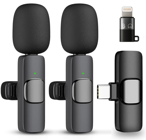 GLOBAL TECH Wireless Lavalier Microphones for iPhone/Android Phones/iPad/Tablets – 2 Pack Mini Wireless Clip-on Microphones Lapel Mic for Video Recording, Podcast, Vlogging, Youtube, Live Streaming
