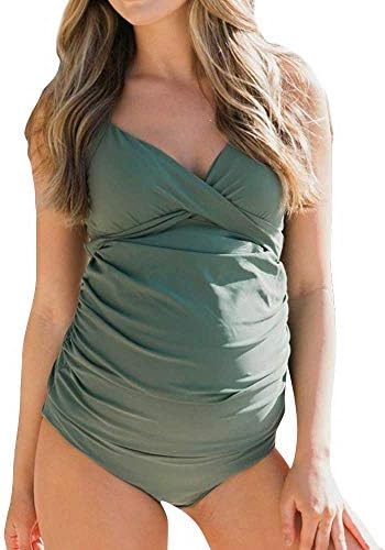 Corriee Maternity Swimsuit Womens Adjustable Strap Push-Up Padded Ruched Solid Color Beachwear Swimwear