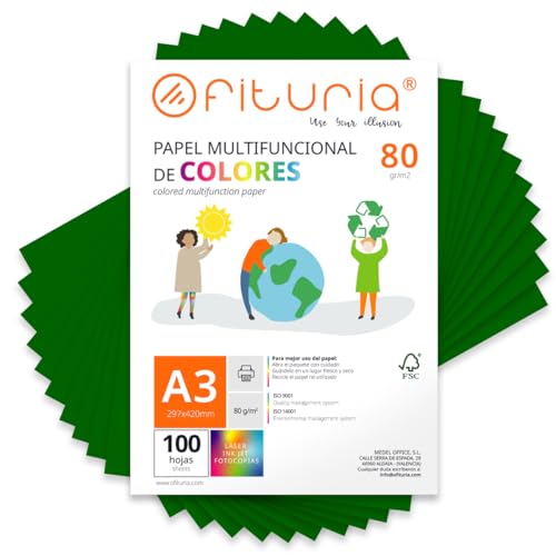 Kleurpapier, verpakking met 100 vellen A3, 80 g, kleurrijk papier voor knutselwerk, printer, scrapbooking, ideaal voor Origami, Papyroflexia, kantoor en school (donkergroen, 100 h)