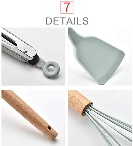 Silicone Cooking Utensils Set by EVULAN – 12 Pieces Natural Wooden Handles Kitchen Cooking Tools with Spatulas for Non Stick Cookware – Silicone Kitchen Utensil Set and Heat Resistant Spatulas