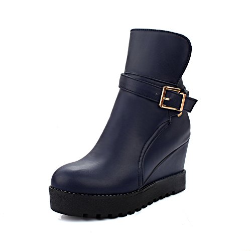 BalaMasa Girls Studded Rhinestones Metal Buckles Color Matching Thick Bottom Heel Blue Imitated Leather Boots - 5 B(M) US BalaMasa Girls Studded Rhinestones Metal Buckles Color Matching Thick Bottom Heel Blue Imitated Leather Boots - 5 B(M) US