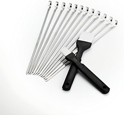 Stainless Steel 12 Inch Barbecue Skewers Set of 12 - Comes with 2 Basting Brushes - Ring-Tip Handle Shish Kebab Kebob Grilling BBQ Stick - YUM DUM