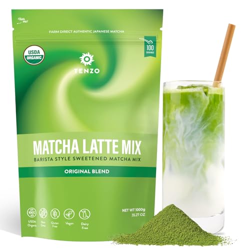 Tenzo Matcha Green Tea Powder, Organic Cafe Sweetened Matcha Latte Green Tea Powder, Ceremonial Barista Crafted Mix - Authentically Japanese - Matcha Latte Mix (35.27 Ounce)