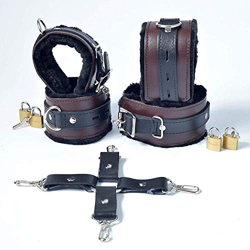 Bare Sutra Wrist & Ankle Cuffs | BDSM Toys Sex Play Game for Couples | Adjustable Bed Restraints Kit Set Novel Design | Cow Hide Suede Leather | 4 Pieces Restraint Hogtie Soft Flexible Brown & Black