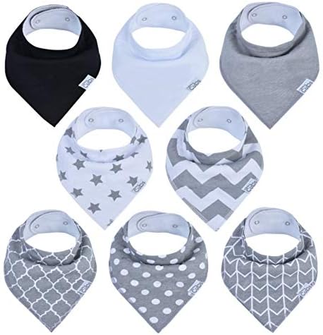 Baby Bibs, Bandana Dribble Bibs, Drooling Teething, Organic Cotton, Newborn Essentials, 0-6 Months, Gift for Mum, Baby Shower, Christening, Boys and Girls by Comfy Cubs (Grey, Pack of 8)