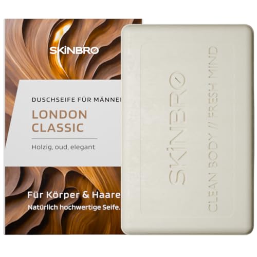 SKINBRO Solid Shower Gel Men London Classic - Shower Soap Men Elegant & Woody, Oud - Made in Germany, Shampoo Men Vegan & Sustainable - Silicone-Free, Soap Piece, Solid Soap, Natural Soap 100 g