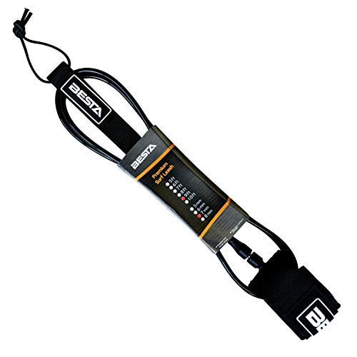 BESTA Surfboard Leash, Premium Surf Leash with Full-Size Padded Ankle Cuff and Key Pocket, Stainless Swivels and Quick-Release Rail Saver (Black, 9 ft)