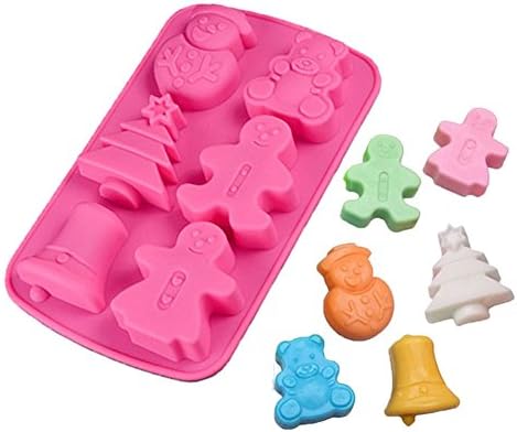 Errollina 6 Cavity Christmas Silicone Mold Jingling Bell Man Tree Snowman Shape Mould for DIY Handmade Cake Chocolate Cupcake Baking Fondant Ice Cube Mould Bath Bombs Pans