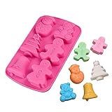 Errollina 6 Cavity Christmas Silicone Mold Jingling Bell Man Tree Snowman Shape Mould for DIY Handmade Cake Chocolate Cupcake Baking Fondant Ice Cube Mould Bath Bombs Pans
