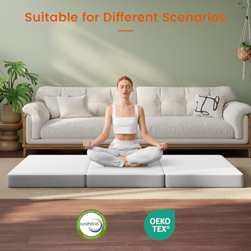 BedStory Foldable Mattress Twin Size, 4 Inch Folding Mattress with Carry Bag, Tri Fold Firm Foam Floor Mattresses with Washable Cover, Single Portable Trifold Mattresses for Sofa, RV, 38" x74"