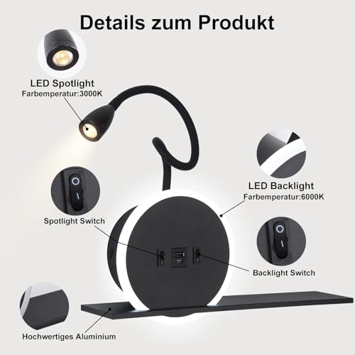 LED Bedside Reading Light, 2-Piece Wall Lamp with Switch, Reading Lamp with USB Charging Port + Type C, 3W 3000K + 9W 6000K Bed Head Lamp, Bedside Lamp for Hotel Room, Black