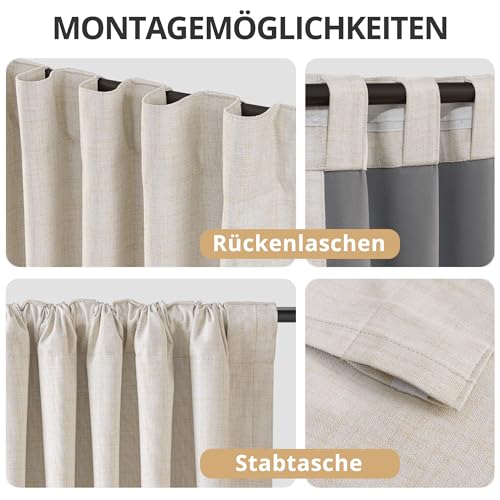 DEFYNEE 100% Blackout Curtains with Concealed Tabs, Linen Look Set of 2 Opaque Curtains Rod Pocket for Bedroom or Living Room - H245 x W140 cm, Cream