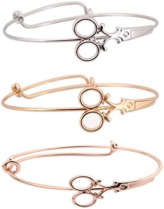 Minimalist Shears Scissor Bangle Stacking Adjustable Wire Bracelet for Hairdresser (3 colors 1 set)