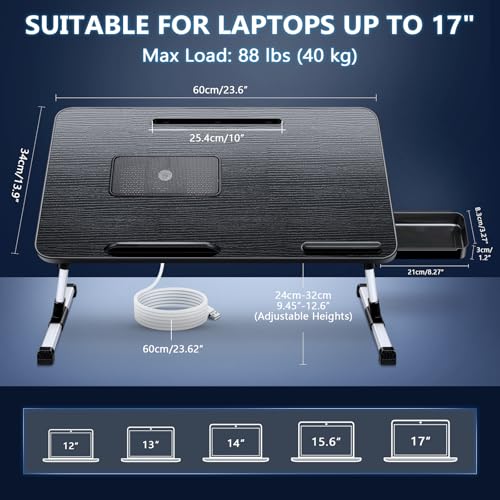 ICARE Bed Table, Laptop Table with Fan for Laptops, Tablet Stand and Drawer, Folding Table, Adjustable Height and Angle, Tray for Bed, Sofa, Floor (60 x 34 cm, Black)
