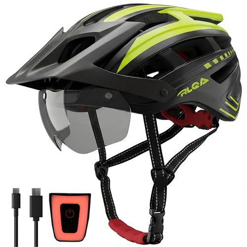 RLQA Fahrradhelm Herren Damen, MTB/Rennrad Helm mit Abnehmbarer Magnetischer Visier & Brille, Radhelm mit 24 Luftungsschlitzea, LED Rucklicht, Reithelm Verstell
