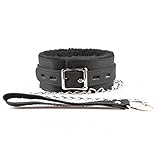 Choker Collar Padded Leather Faux Fur Lined Costume and Detachable Leather and Chain Leash (Black)