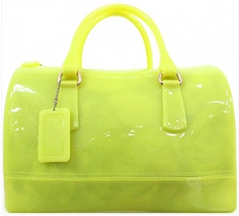 Glitter Candy Jelly Bag Tote Transparent Padlock Boston Bag Purse - Neon Yellow