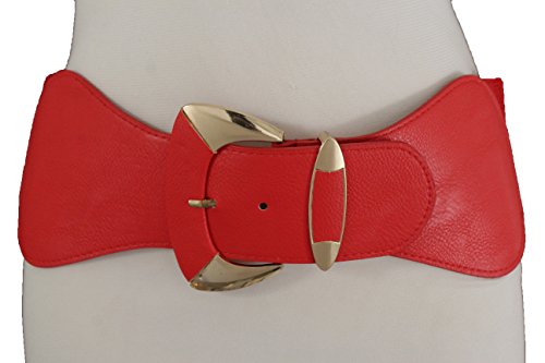 TFJ Women Fashion Wide Belt Elastic Hip High Waist Gold Metal Buckle Fits S M Red